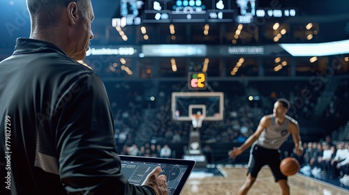 In a dynamic basketball match, the coach focuses on a tablet, strategizing as a player dribbles intensely in the background. Coach Analyzing Player During Basketball Game