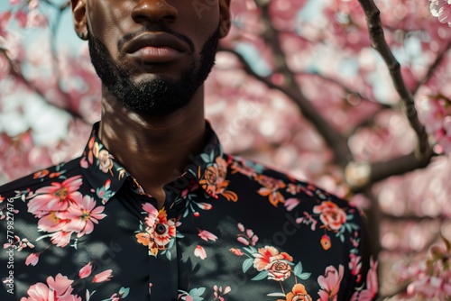 black man close up wearing a black satin floral print shirt, pastel cherry blossoms background, spring vibes