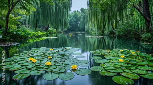 A tranquil pond with lily pads and blooming lotuses, surrounded by weeping willow trees