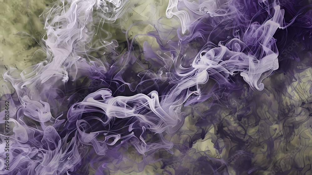 Royal purple clouds of smoke gracefully intertwining with a backdrop of olive green and slate gray.