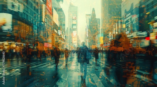 A blurry city street with people walking and a sign that says "Welcome to New York". Scene is busy and bustling, with a sense of movement and energy