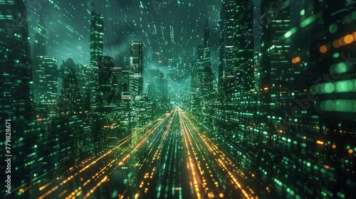 A cityscape with a green background and a yellow line. The city is lit up with neon lights and the buildings are tall. Scene is futuristic and vibrant