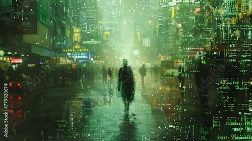 A man walks down a street in a city with a green tint. The scene is a representation of a futuristic cityscape