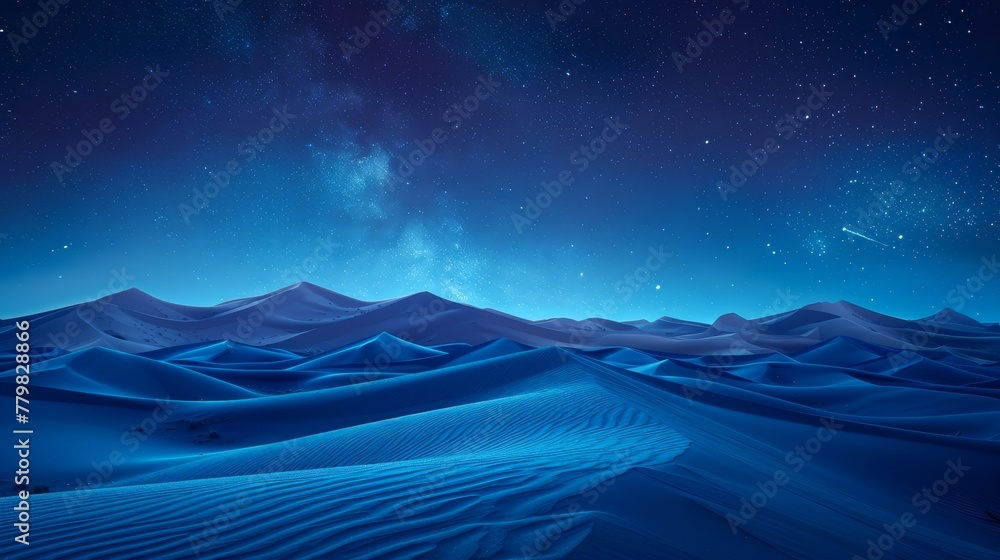 A beautiful night sky with a blue desert in the background. The stars are shining brightly and the moon is visible in the sky. The scene is peaceful and serene, with the vast expanse of the desert - obrazy, fototapety, plakaty 