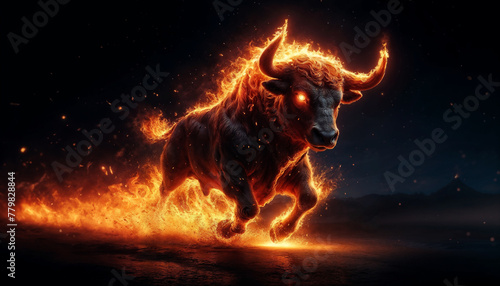 Charging Fire Bull with Glowing Eyes, Symbolic of Bull Market Energy © Alex