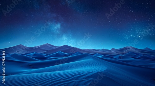 A beautiful night sky with a blue desert in the background. The stars are shining brightly and the moon is visible in the sky. The scene is peaceful and serene, with the vast expanse of the desert