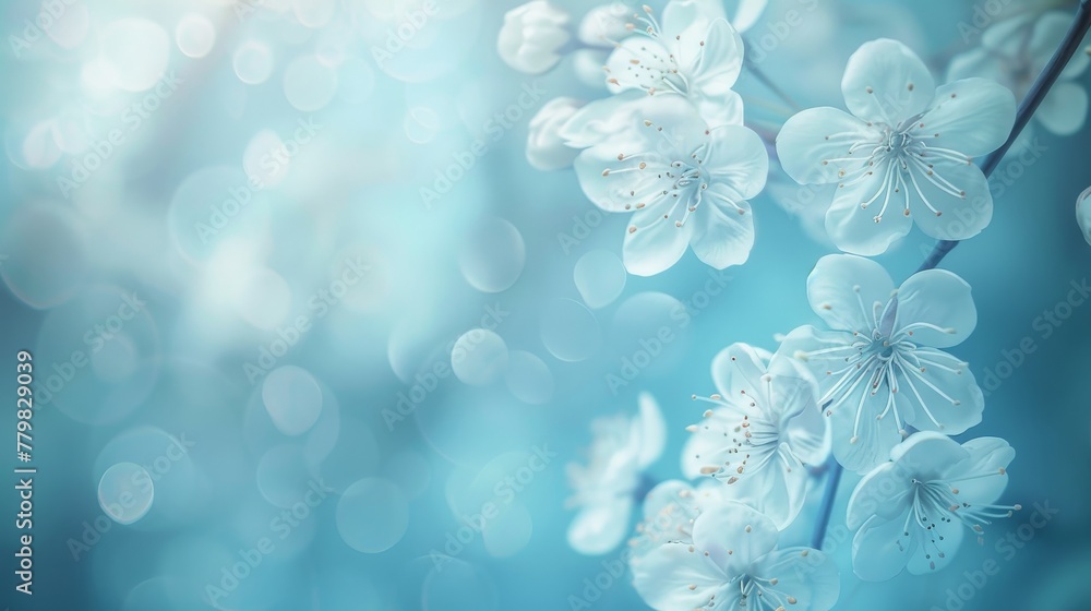 Beautiful curved branches with white cherry flowers in spring close-up on a blue soft background. Beautiful curved branches with white cherry flowers in spring close-up on a blue soft background.