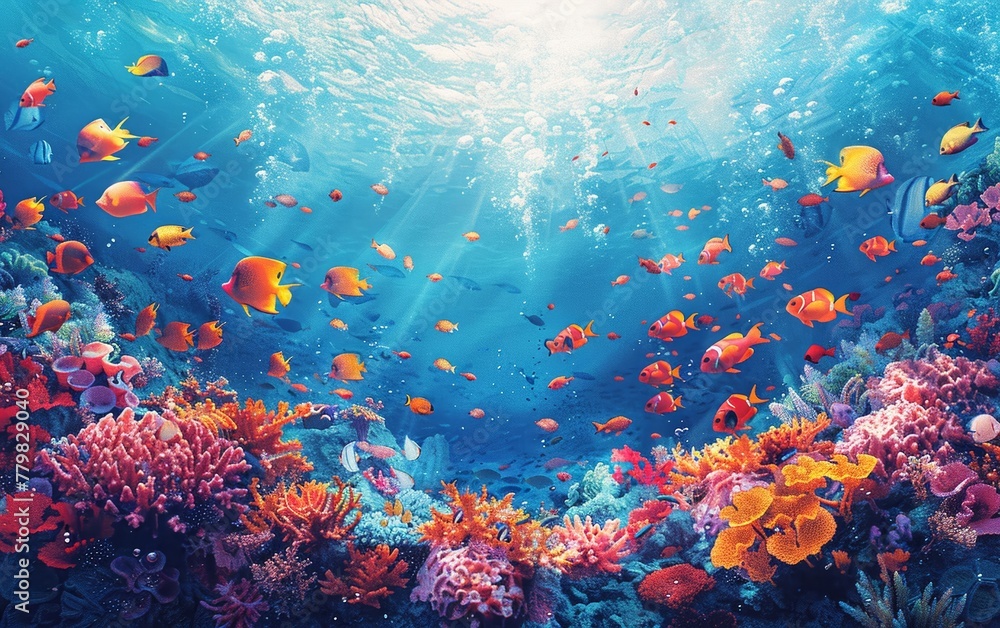 Explore the beautiful underwater world with vibrant coral reefs and a variety of colorful fish in this stunning illustration.