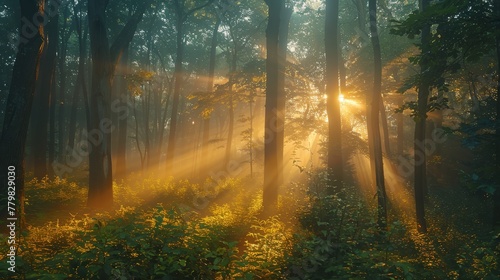 The sun is shining through the trees, casting a warm glow on the forest floor. The light is filtering through the leaves, creating a peaceful and serene atmosphere
