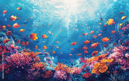 Explore the beautiful underwater world with vibrant coral reefs and a variety of colorful fish in this stunning illustration.