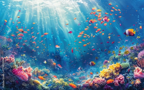 Explore the beautiful underwater world with vibrant coral reefs and a variety of colorful fish in this stunning illustration. © tonstock