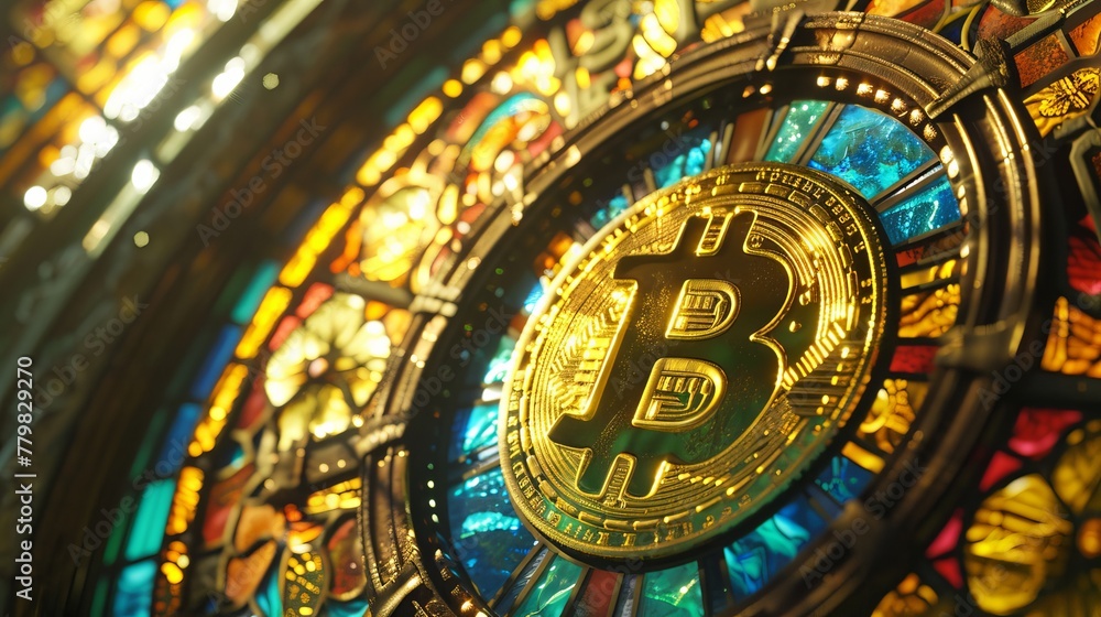 Stained glass symbol of bitcoin, cinematic