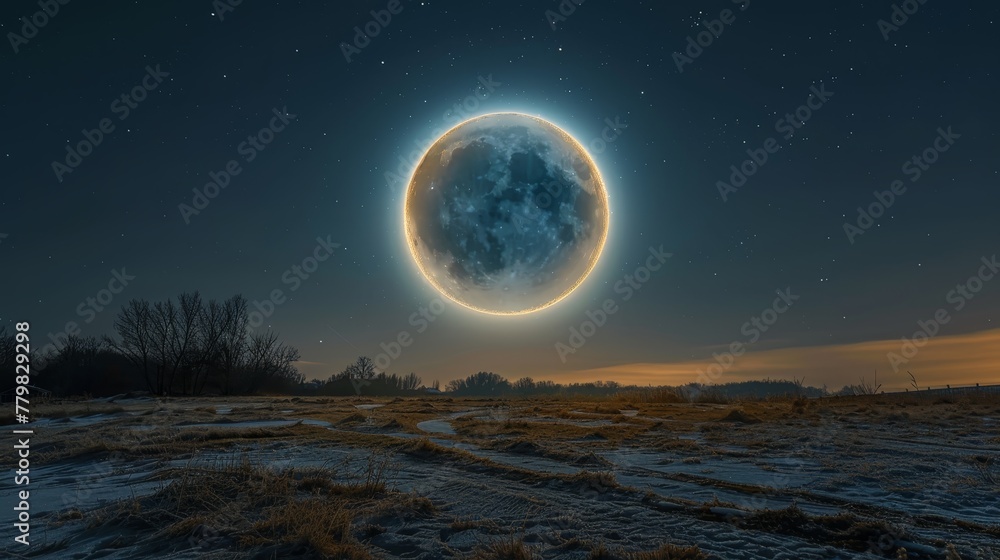 A large glowing moon is in the sky above a field. The moon is surrounded by a glowing aura, creating a sense of wonder and awe. The scene evokes a feeling of tranquility and peacefulness