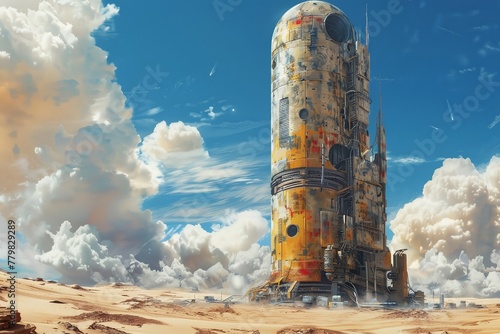 Digital painting of a futuristic building in a desert landscape, inspired by science fiction. photo
