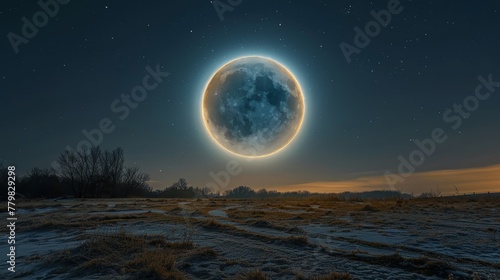 A large glowing moon is in the sky above a field. The moon is surrounded by a glowing aura, creating a sense of wonder and awe. The scene evokes a feeling of tranquility and peacefulness
