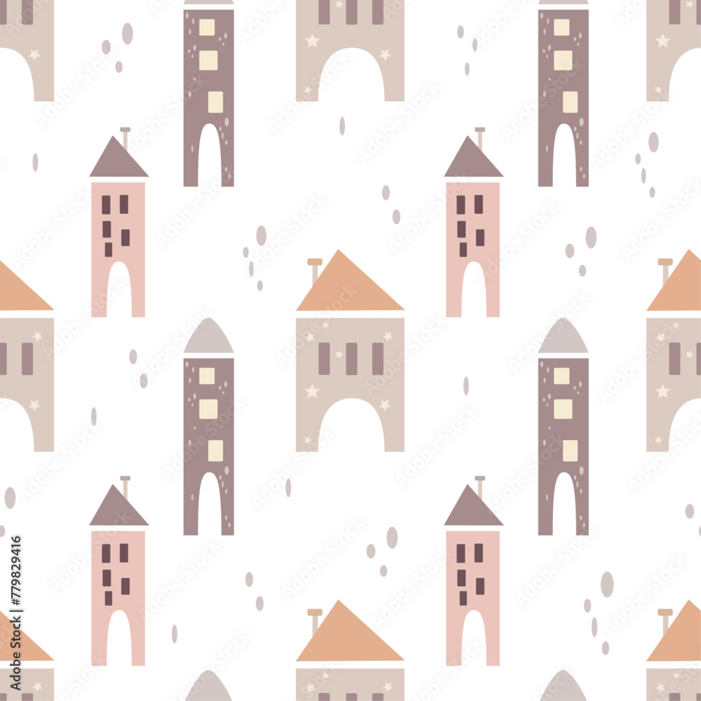 Seamless pattern with house in cartoon flat style. Kids digital paper perfect for scrapbook paper, decor, background, fabric. Hand drawn vector pattern