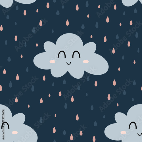 Seamless pattern with clouds and rain in cartoon flat style. Kids digital paper perfect for scrapbook paper, decor, background, fabric. Hand drawn vector pattern