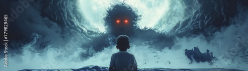 The artwork features a young child lying on a bed, bravely confronting a menacing creature in a shadowy landscape, depicted in a digital art style. photo