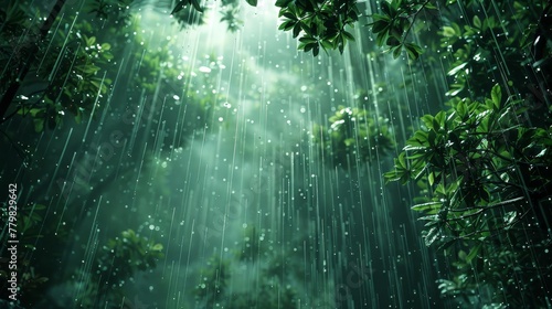 A lush green forest with rain pouring down on the leaves. Scene is peaceful and serene, as the rain creates a calming atmosphere in the forest