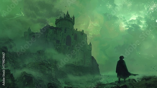 A man gazes at the enigmatic deserted fortress as the sky turns a vivid shade of green in the background, depicted in a digital art style reminiscent of an illustration.