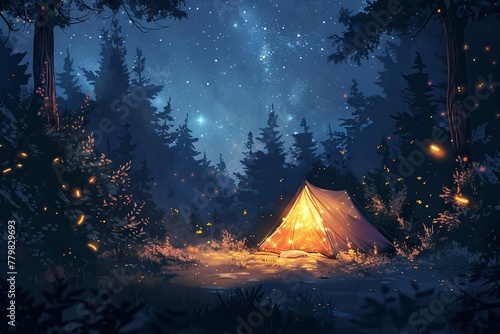 Artwork featuring a serene night scene of camping in a forest with twinkling stars and glowing fireflies, created digitally through painting and illustration techniques.