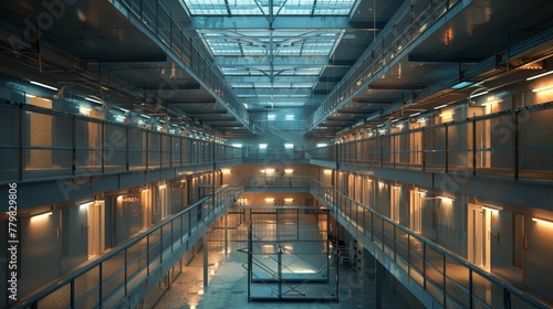 A large  empty building with many windows and a metal railing. The building appears to be a prison or jail