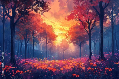 The stunning landscape of a vibrant woodland filled with blooming trees and blossoms during the spring sunset, captured in a mesmerizing painting.
