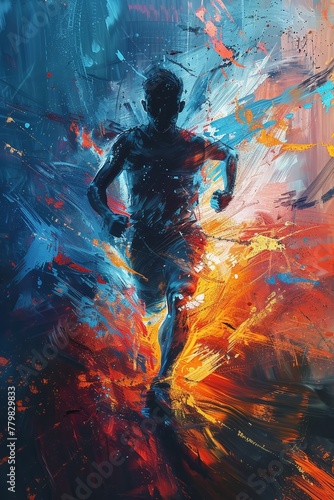 Man seen from behind running with a blurred motion effect, resembling a digital art style painting illustration.