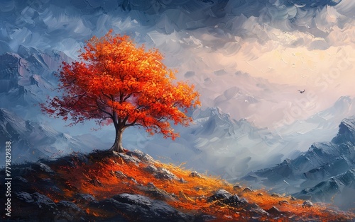 The solitary tree standing on the mountain creates a picturesque autumn scene, invoking feelings of coming home in this beautifully illustrated painting.