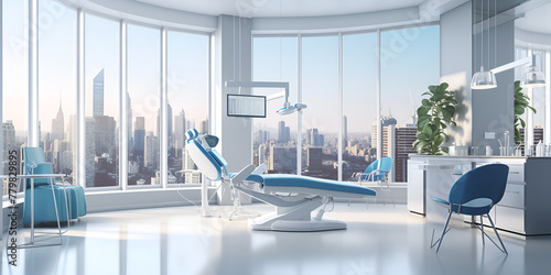a dentists clinic featuring a chair and desk for patient and white interior with medical equipment large wall glass windows from cityscape view is clear © save future