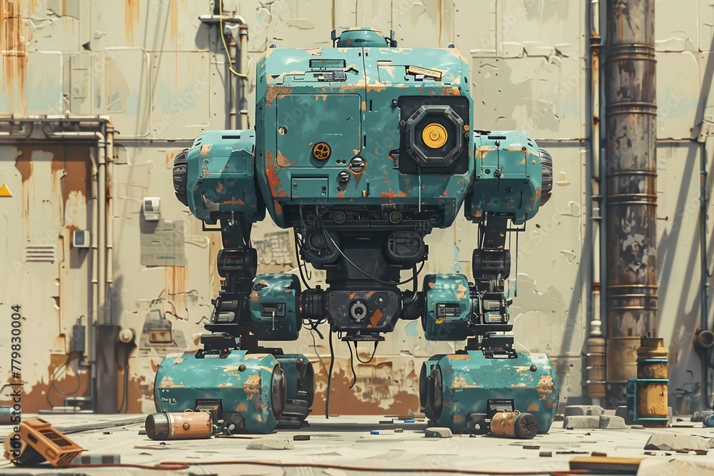A woman-like humanoid machine is undergoing maintenance at a deserted manufacturing plant, depicted in a digital art format.