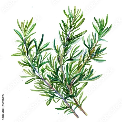 Artistically rendered in watercolor  this sprig of rosemary