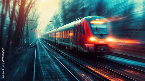 A train is speeding down the tracks, with the lights of the train shining brightly. Concept of motion and energy, as the train rushes past the viewer