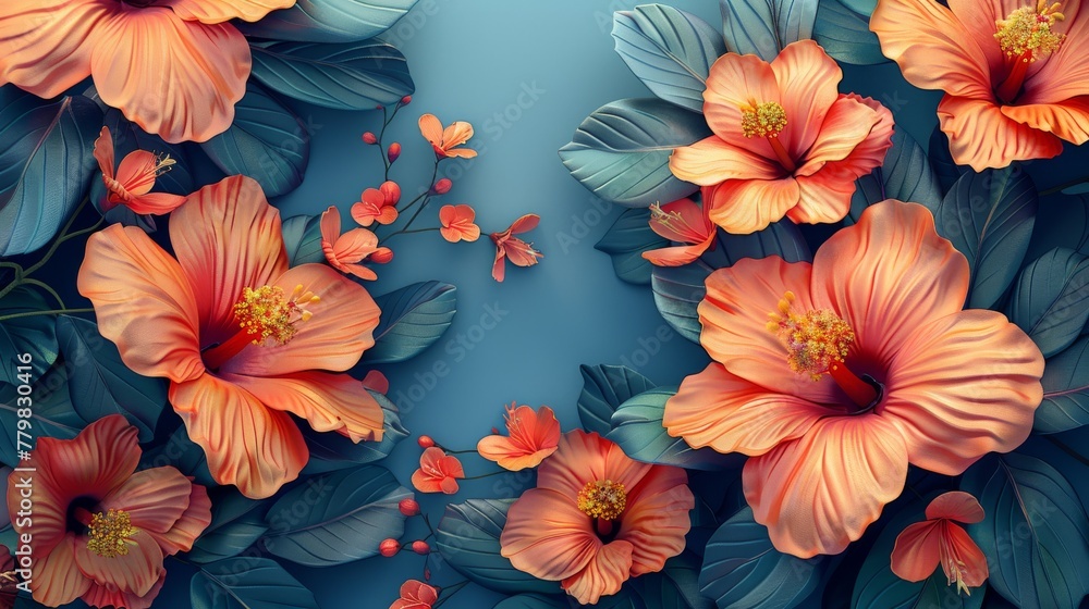Beautiful exotic decorative flowers on a blue background in digital illustration