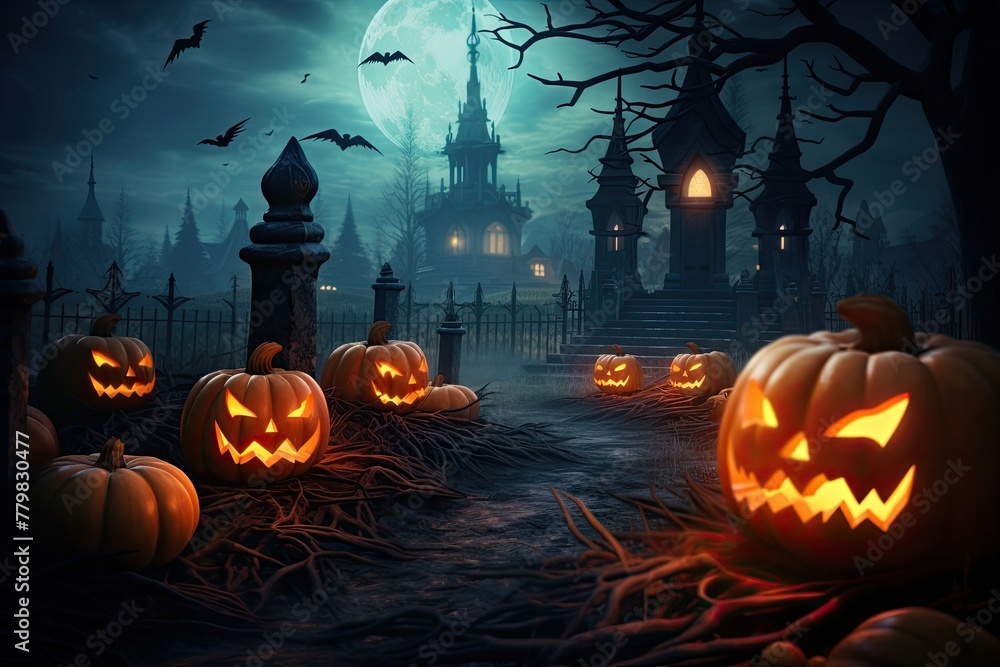 Halloween background with scary pumpkins candles in the graveyard at night with a castle background Halloween background with scary pumpkins candles in the graveyard at night with a castle background