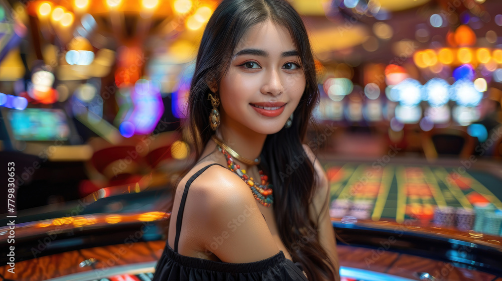 Obraz premium A woman is sitting at a slot machine, smiling and posing for the camera