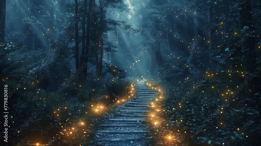 A forest path is lit up with glowing lights, creating a mysterious and enchanting atmosphere. The lights are scattered along the path, illuminating the way and adding a sense of magic to the scene