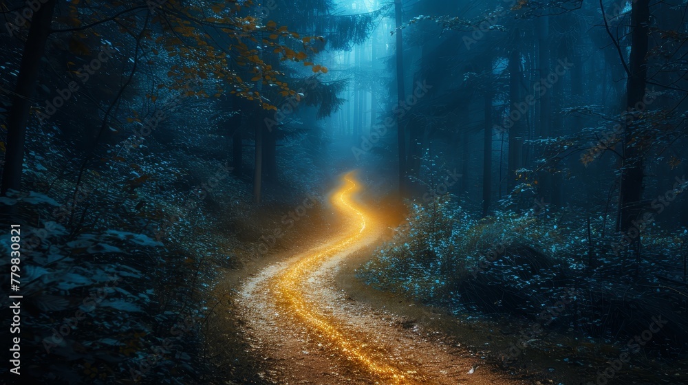 A forest path with a yellow line on it
