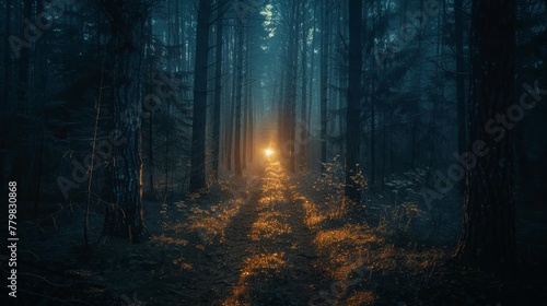 A forest at night with a light shining through the trees. The light is the only source of illumination in the dark woods