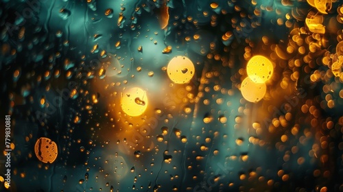 A blurry image of raindrops on a window with a yellow light in the background. Scene is somewhat melancholic and contemplative