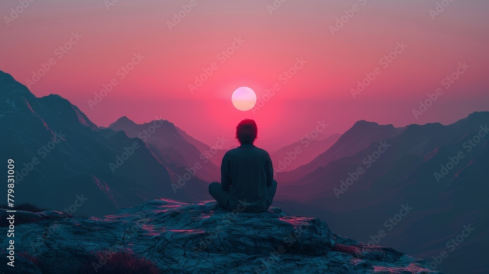 A man is sitting on a rock overlooking a beautiful mountain range with a sunset in the background. Concept of peace and tranquility