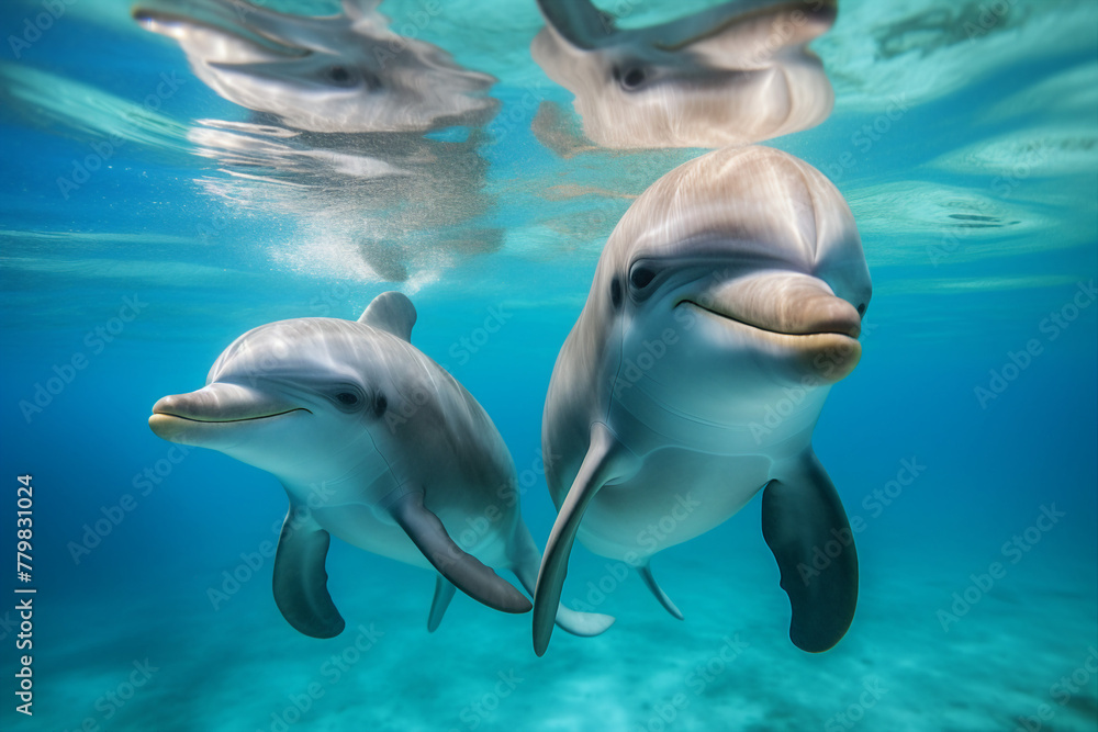 Fototapeta premium Dolphin performance in dolphinarium aquapark best friends with people swimming together Generative AI picture