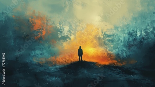 A man stands on a hill overlooking a body of water. The sky is filled with clouds and the water appears to be choppy