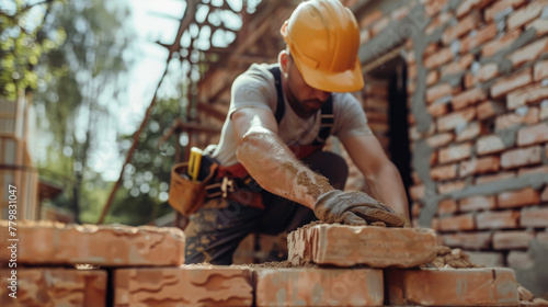 male builder in uniform and helmet builds a wall of bricks, construction site, man, house, architecture, foreman, profession, building, stone, illustration, background