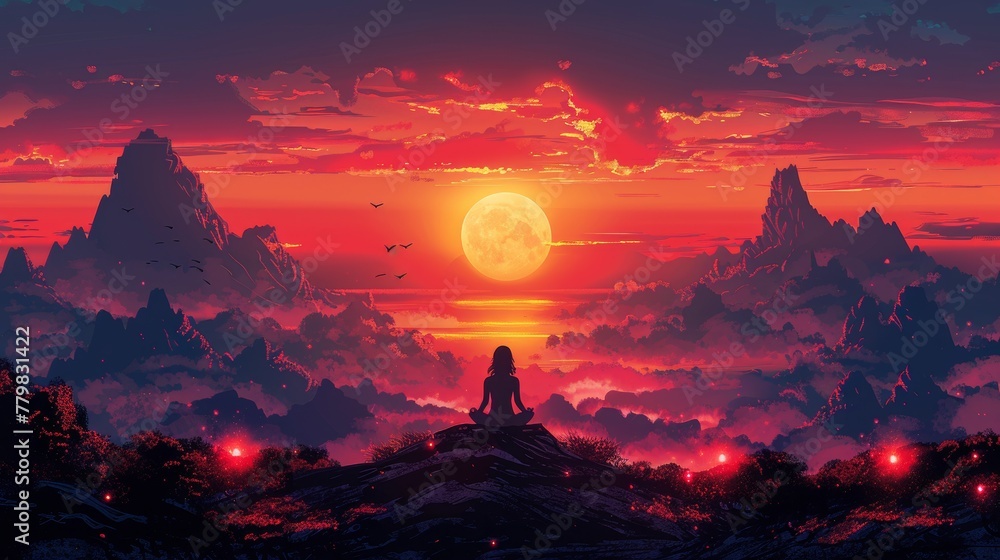 This digital illustration shows a girl practicing yoga at sunset in bright, colorful colors on a mountainous background