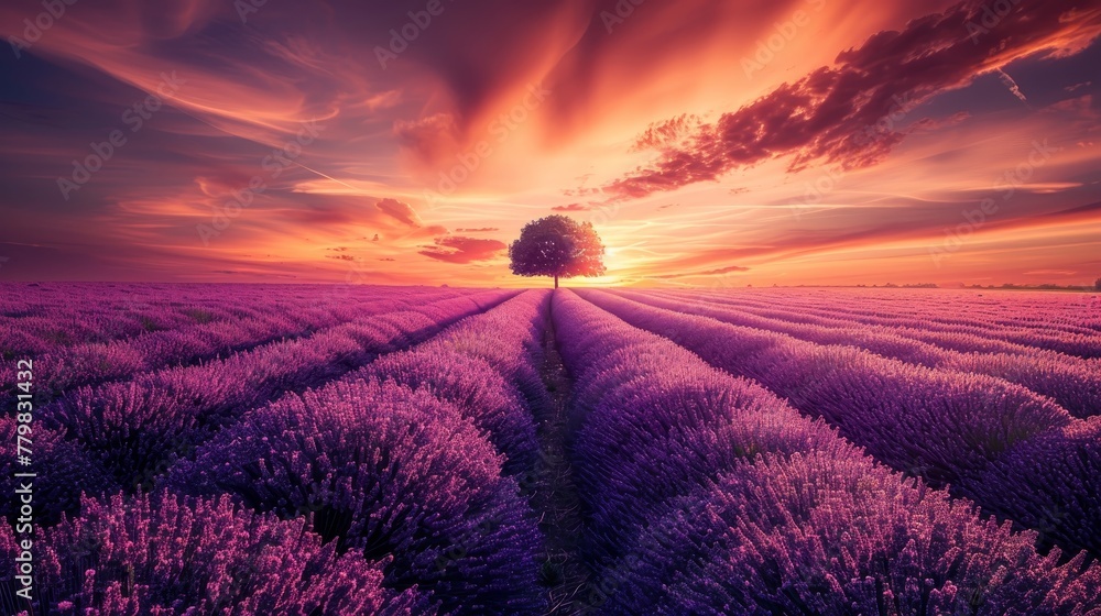 A field of lavender with a tree in the middle. The sky is orange and purple