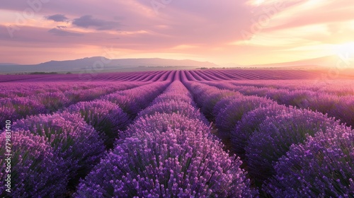 A field of lavender flowers with a beautiful sunset in the background. The sky is filled with clouds, and the sun is setting, casting a warm glow over the field. The lavender flowers are in full bloom #779831410