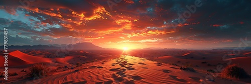 A vast desert landscape with towering sand dunes under a fiery sunset sky © forall