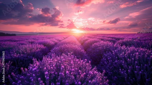 A field of lavender flowers with a pink and orange sky in the background. The sky is filled with clouds and the sun is setting, creating a warm and peaceful atmosphere