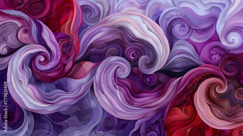 Rich maroon swirls creating enchanting shapes over a canvas of soft lilac and periwinkle.